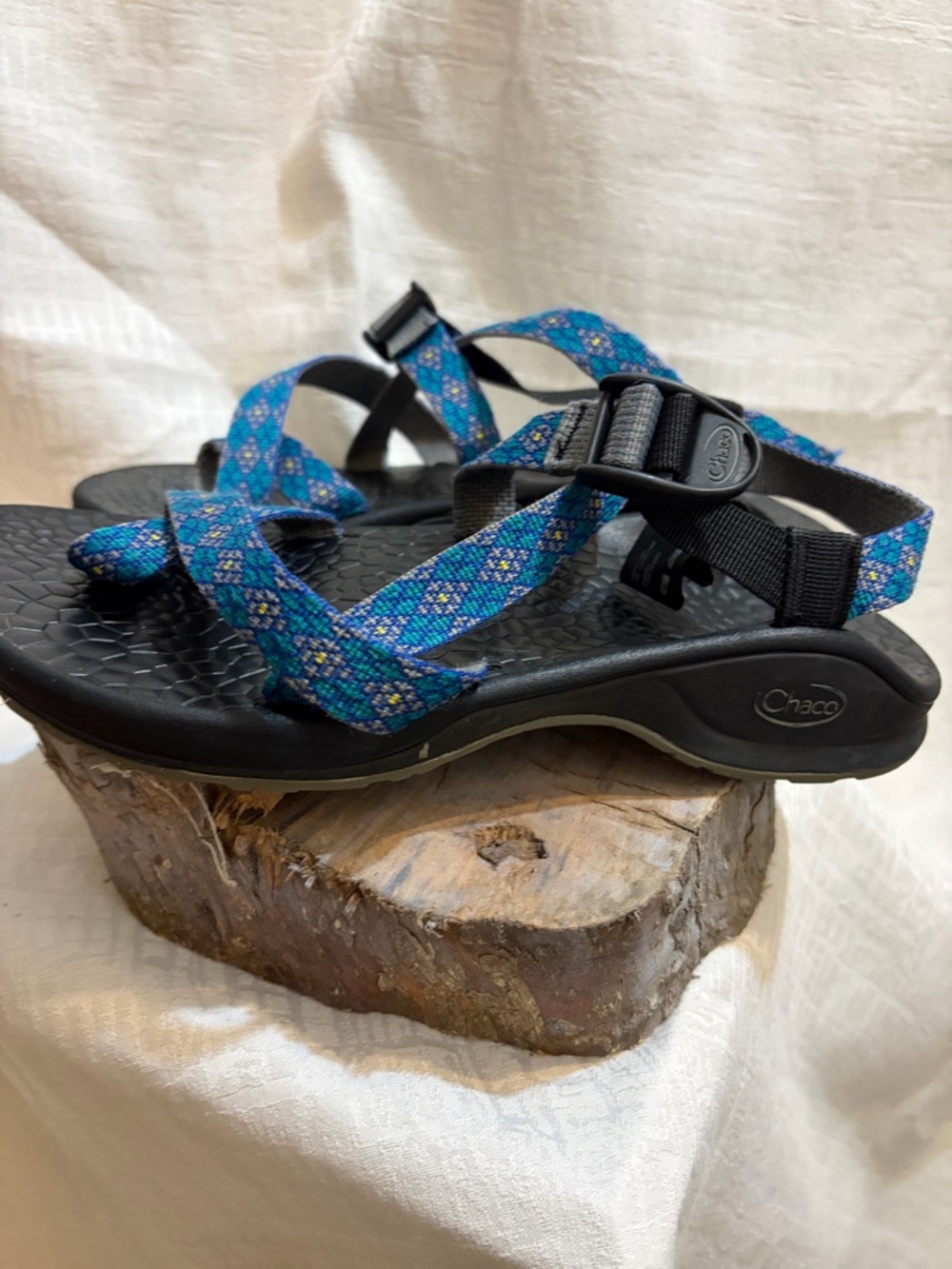 Chaco Sandals - Blue Patterned Webbing with Black Footbed